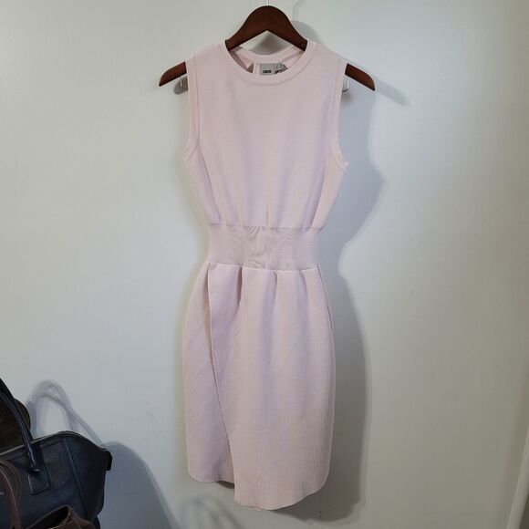 Asos Pale Pink Rib Knit Back Cutout Faux Wrap Dress Size 6 - Picture 3 of 9